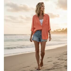 Sigrid Olsen Linen Top Womens L Button Up Summer Beach Coastal Roll Tab Boho